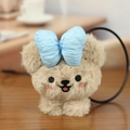 Cute beige plush teddy bear headband with a light blue bow and embroidered facial details - Blue Bow Style / Blue