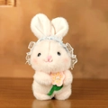 Plush pink bunny keychain with blue lace hat and small flower accessory detail - Blue Polka Dot Lace Hat Style / Pink / 17cm
