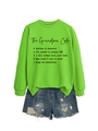 Flat lay of neon green sweatshirt with THE GRANDMA CODE text and denim shorts - Fluorescent Green Sweatshirt (Black Font)