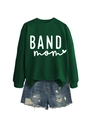 Close-up of dark green BAND mom sweatshirt with heart print and distressed denim shorts - Dark Green (White Font)