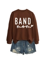 Close-up of brown crew neck sweatshirt featuring white BAND mom lettering and heart logo - Coffee (White Font)