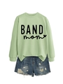 Flat lay detail of a light green long sleeve sweatshirt with BAND mom print and denim shorts - Olive Green (Black Font)