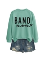 Sage green long sleeve sweatshirt with BAND mom text and denim shorts outfit flat lay - Light Green (Black Text)