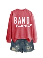 Detail of brick red BAND MOM sweatshirt and distressed denim shorts set outfit - Red (White Font)