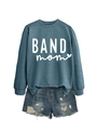 Flat lay of a dusty blue long-sleeve sweatshirt with BAND mom print and denim shorts - Blue (White Font)