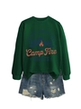 Detail of dark green cotton sweatshirt with campfire print and frayed denim shorts - Dark Green