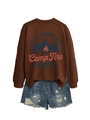 Detail of coffee brown sweatshirt with outdoor camp fire graphic and crew neck design - Coffee