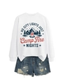 Detail of white cotton sweatshirt with vintage outdoor print and distressed denim shorts - White