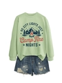 Detail of the campfire graphic print and text on a sage green fleece crewneck sweatshirt - Olive Green