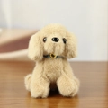 Cute light brown plush puppy keychain with a blue collar and golden bell ornament - 12cm / Tan