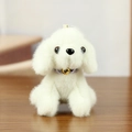 Cute white plush dog keychain with purple ribbon and golden heart pendant for bags - 12cm / Off White