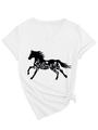 Detail of white V-neck T-shirt featuring a horse silhouette with floral print and knot hem - S / White (Black Print)