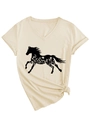 Detail of V-neck beige T-shirt featuring a black horse silhouette with floral patterns - S / Sand (Black Print)