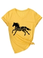 Detail of yellow V-neck T-shirt with horse silhouette floral print and side knot design - S / Yellow (Black Print)