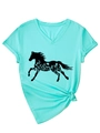 Detail view of turquoise V-neck T-shirt with black horse and white floral print - S / Deep Water Blue (Black Print)
