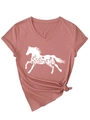 Dettaglio della maglietta rosa antico con scollo a V e stampa di cavallo con fiori bianchi - S / Oro Rosa (Stampa Bianca)