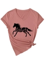 Dettaglio della t-shirt rosa con scollo a V, stampa a cavallo e nodo decorativo sull'orlo - S / Oro Rosa (Stampa Nera)