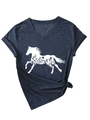 Dettaglio della maglietta con scollo a V, stampa floreale silhouette di cavallo e nodo - S / Blu Notte (Stampa Bianca)
