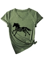 Dettaglio della maglietta verde scuro con scollo a V e silhouette di cavallo fiorito - S / Verde Oliva (Stampa Nera)