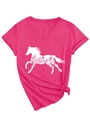 Dettaglio della maglietta rosa rossa con scollo a V, stampa floreale di cavallo e nodo - S / Rosa Scuro (Stampa Bianca)