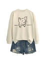 Flat lay of cream crewneck sweatshirt with pig print and ripped denim shorts detail - S / Sand (Black Font)
