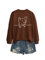 Flat lay of brown long sleeve sweatshirt with white pig print and ripped denim shorts - S / Coffee (White Font)