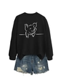 Detail of black crewneck sweatshirt with pig graphic and distressed denim shorts - S / Black (White Letters)