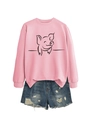 Detail of pink pig graphic sweatshirt and distressed denim shorts on white background - S / Pink (Black Font)