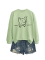 Detail of light green sweatshirt with cute pig graphic and distressed denim shorts - S / Olive Green (Black Font)