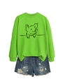 Detail of neon green long sleeve sweatshirt with pig print and ripped denim shorts - S / Neon Green (Black Text)