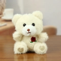 Cute cream plush teddy bear keychain with red rose embroidery and gold heart feet - 12cm (01) / Beige
