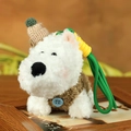 White Westie plush keychain in brown sweater and knitted hat with green lanyard - 12cm / Brown Sweater
