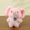 Pink plush elephant keychain toy with blue flower embroidery and soft fur texture - Standing Style / Cherry Pink