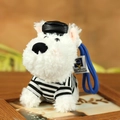 White Westie plush keychain in black striped shirt and black beret with blue lanyard - 12cm / Striped Black
