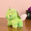 Macro detail of a colorful plush unicorn keychain with a golden horn and soft textures - G Green