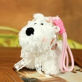 White plush dog keychain with pink lace flowers and woven rope for backpacks - 12cm / White Gauze Dress
