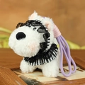 White Westie plush keychain with striped lace accessories and pink woven rope charm - 12cm / Black Gauze Dress