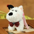 White Westie plush keychain with red knit hat, silver glasses and plaid bowtie - 12cm / Bowtie