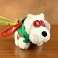 White Westie plush keychain in green cloak with red 'Get Rich' eye mask for bags - 12cm / Fortune Green