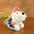 White Westie plush keychain in red plaid and denim lace dress on wooden surface - 12cm / Plaid Skirt