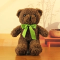 Brown plush teddy bear with vibrant green silk ribbon sitting on a wooden surface - Dark Brown with Green Ribbon