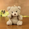 Light brown curly plush teddy bear keychain charm with silver metal bead chain - Brown