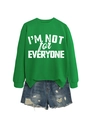 Flachbild von grünem Sweatshirt mit Aufdruck und zerrissenen Jeans-Shorts für Damen - S / Grasgrün (Weißer Text)