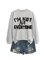 Detail of grey sweatshirt with 'I'M NOT FOR EVERYONE' print and distressed denim shorts - S / Grey (Black Font)