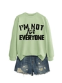 Detail of light green sweatshirt with I'M NOT FOR EVERYONE print and denim shorts - S / Olive Green (Black Font)
