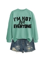 Flat lay of mint green sweatshirt with slogan and distressed blue denim shorts - S / Light Green (Black Font)