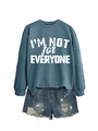 Close-up of I'M NOT for EVERYONE typography on blue sweatshirt with ripped denim shorts - S / Blue (White Text)