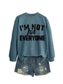 Blue sweatshirt with 'I'M NOT for EVERYONE' print paired with distressed denim shorts - S / Blue (Black Text)