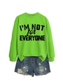 Flat lay of neon green sweatshirt with I'm Not For Everyone text and denim shorts - S / Fluorescent Green (Black Text)