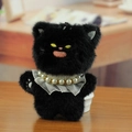 Lindo colgante de gato de peluche negro con collar de perlas y bordado para bolsos - Negro / 14cm